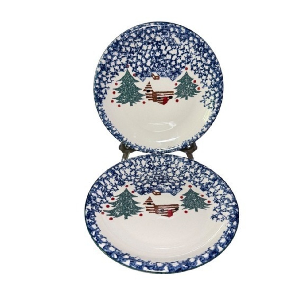 Folk Craft Cabin Scene Christmas Trees Set of 2 Plates Hand Painted